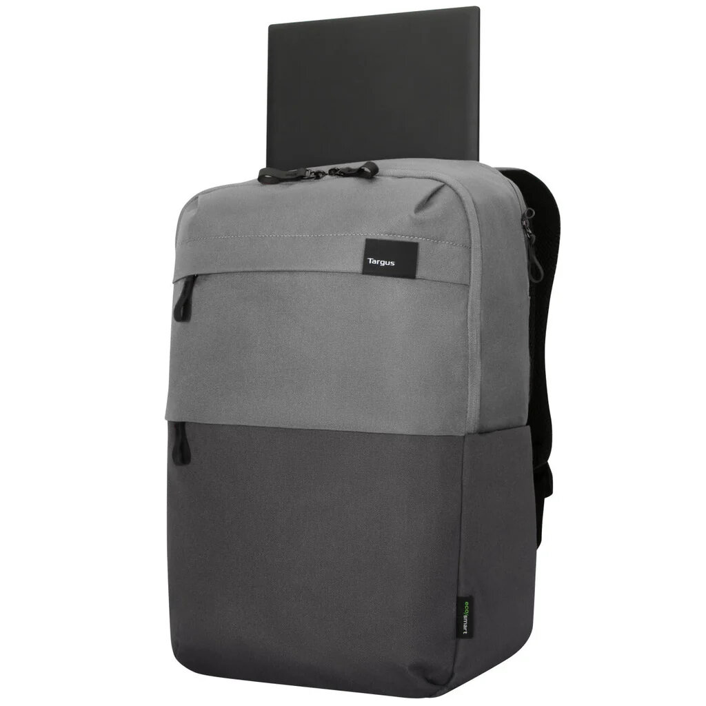 Plecak Targus Sagano EcoSmart czarno-szary po skosie w lewo z wystającym laptopem