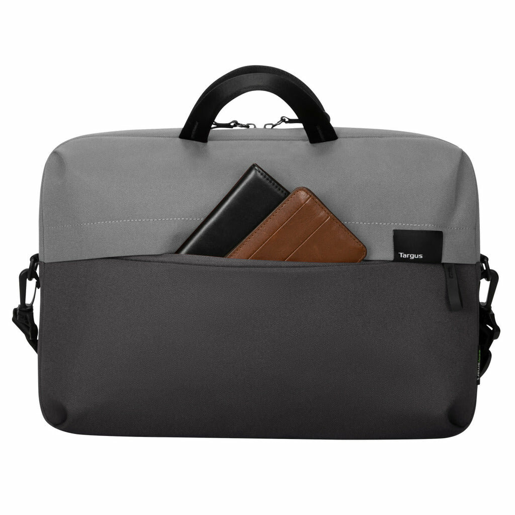 Torba na laptopa Targus Sagano EcoSmart czarno-szara od frontu z przedmiotami w przedniej kieszeni