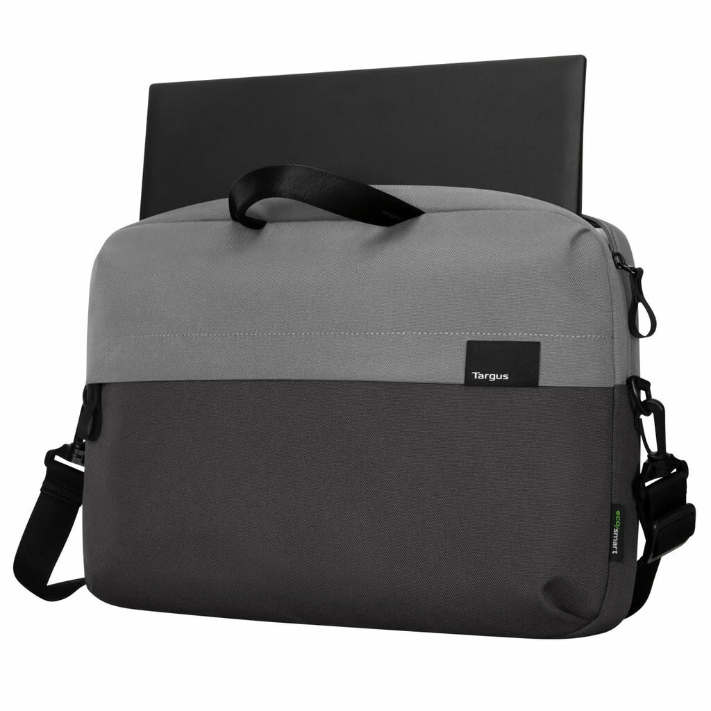 Torba na laptopa Targus Sagano EcoSmart czarno-szara po lekkim skosie z laptopem umieszczonym w głównej kieszeni