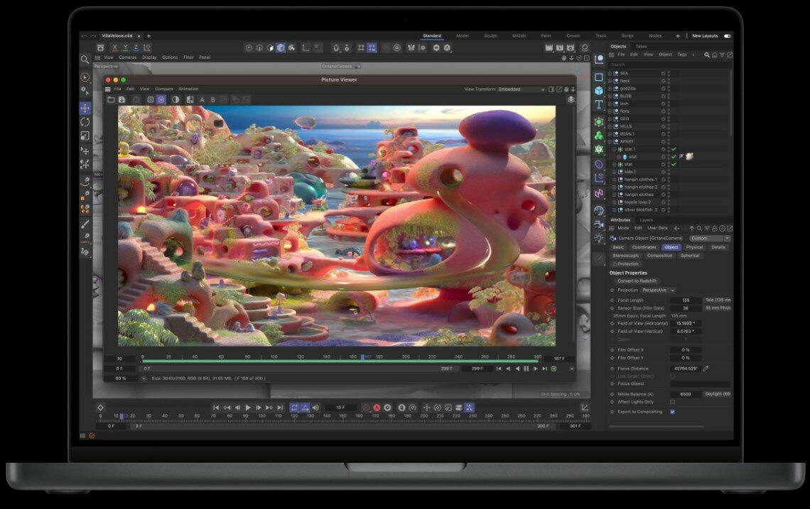 Laptop Apple MacBook Pro M2 Max MNWA3ZE/A 16' 1TB gwiezdna szarość pokazana programa Cinema 4D