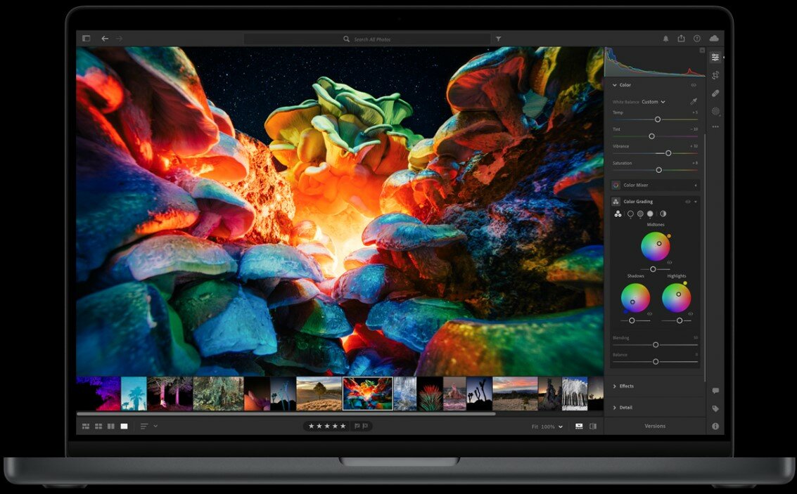 Laptop Apple MacBook Pro M2 Max MPHG3ZE/A 14 1TB gwiezdna szarość pokazana programa Adobe Photoshop Lightroom