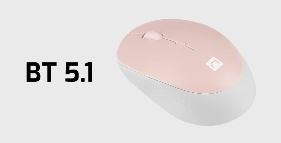 Mysz bezprzewodowa Natec Harrier 2 biało-różowa wraz z grafiką przedstawiającą połączenie Bluetooth 5.1.