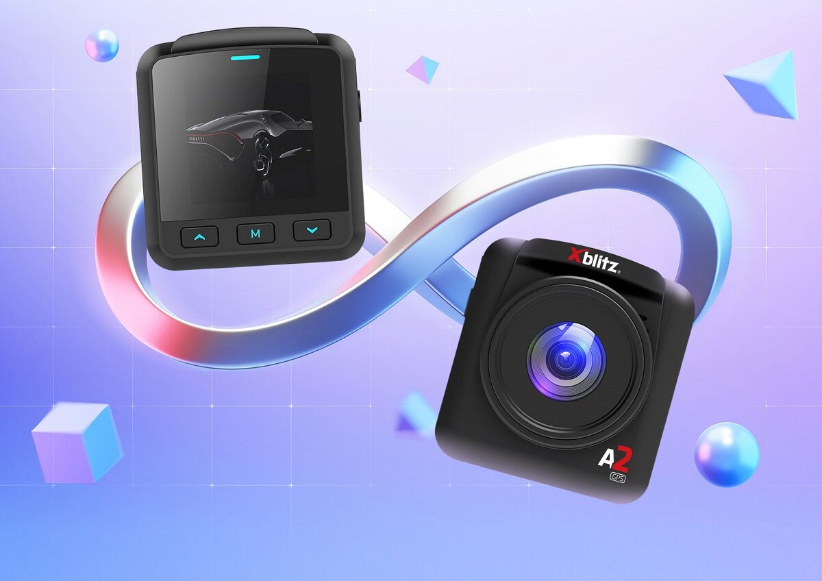 Wideorejestrator Xblitz A2 GPS widok wideorejestratora od przodu i tyłu oraz symbol pętli