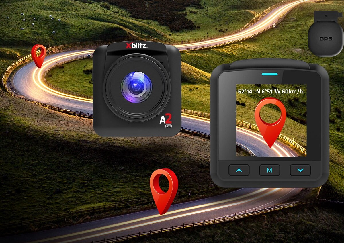 Wideorejestrator Xblitz A2 GPS widok wideorejestratora od przodu i tyłu na tle krętej drogi