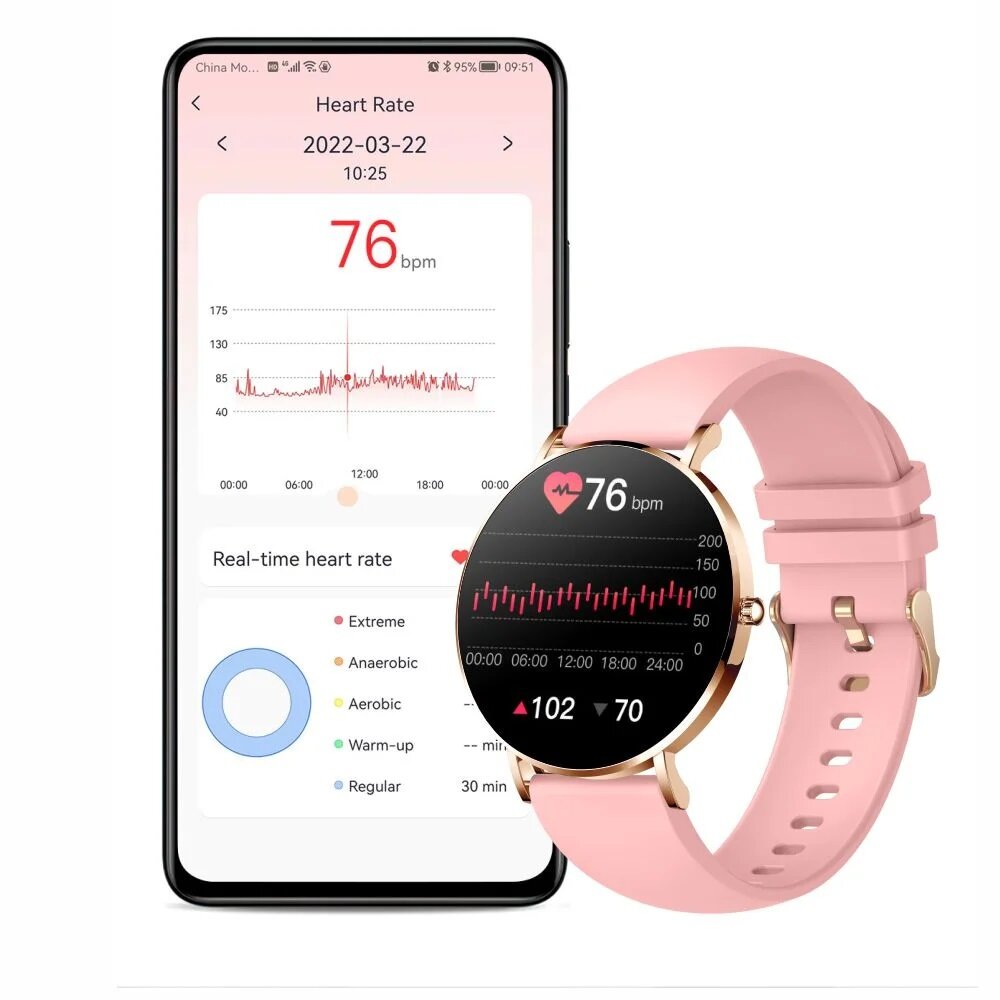 Smartwatch Manta Alexa różowy na zdjęciu, po lewej stronie telefon z aplikacją monitorującą parametry życiowe, po prawej zegarek z pomiarem tętna