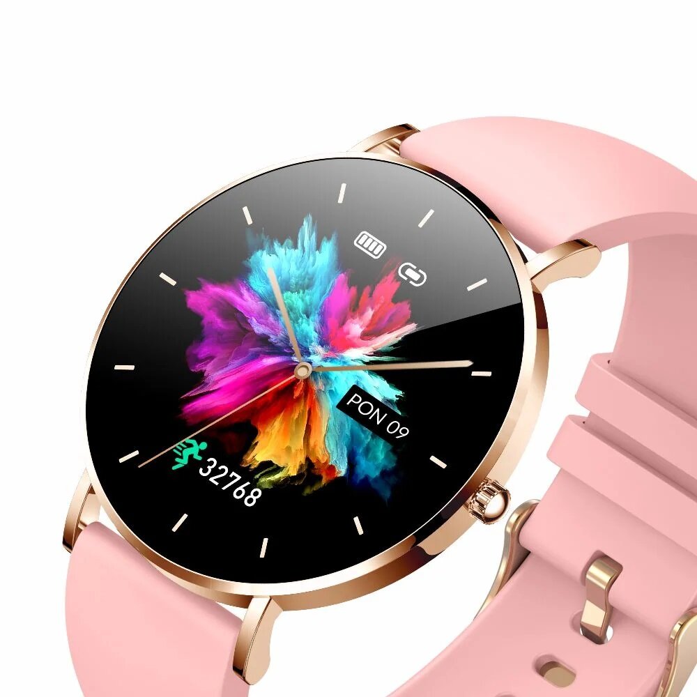 Smartwatch Manta Alexa różowy zbliżenie na kolorową tarczę zegarka