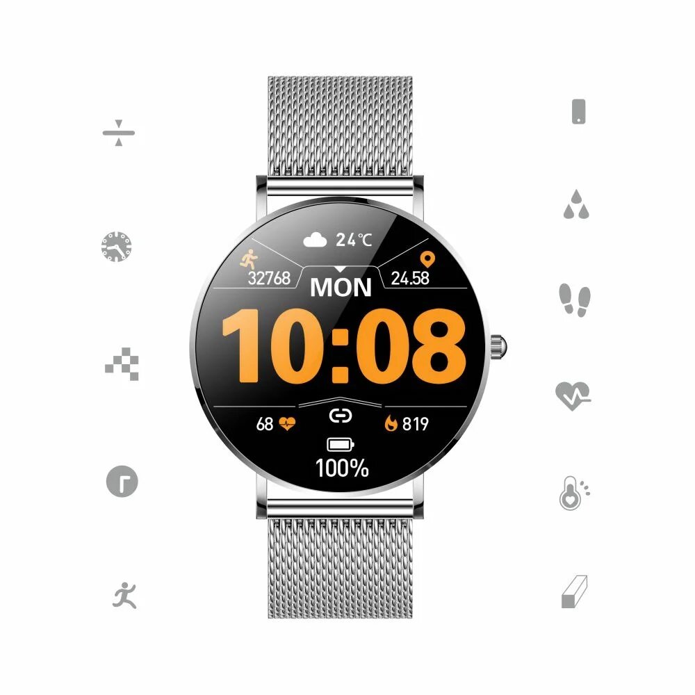 Smartwatch damski Manta Alexa srebrny, zbliżenie na tarczę, wokół piktogramy