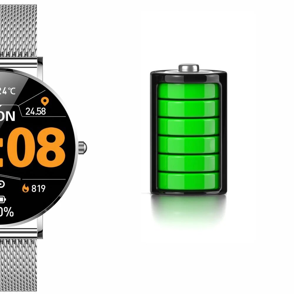 Smartwatch damski Manta Alexa srebrny obok grafiki z baterią