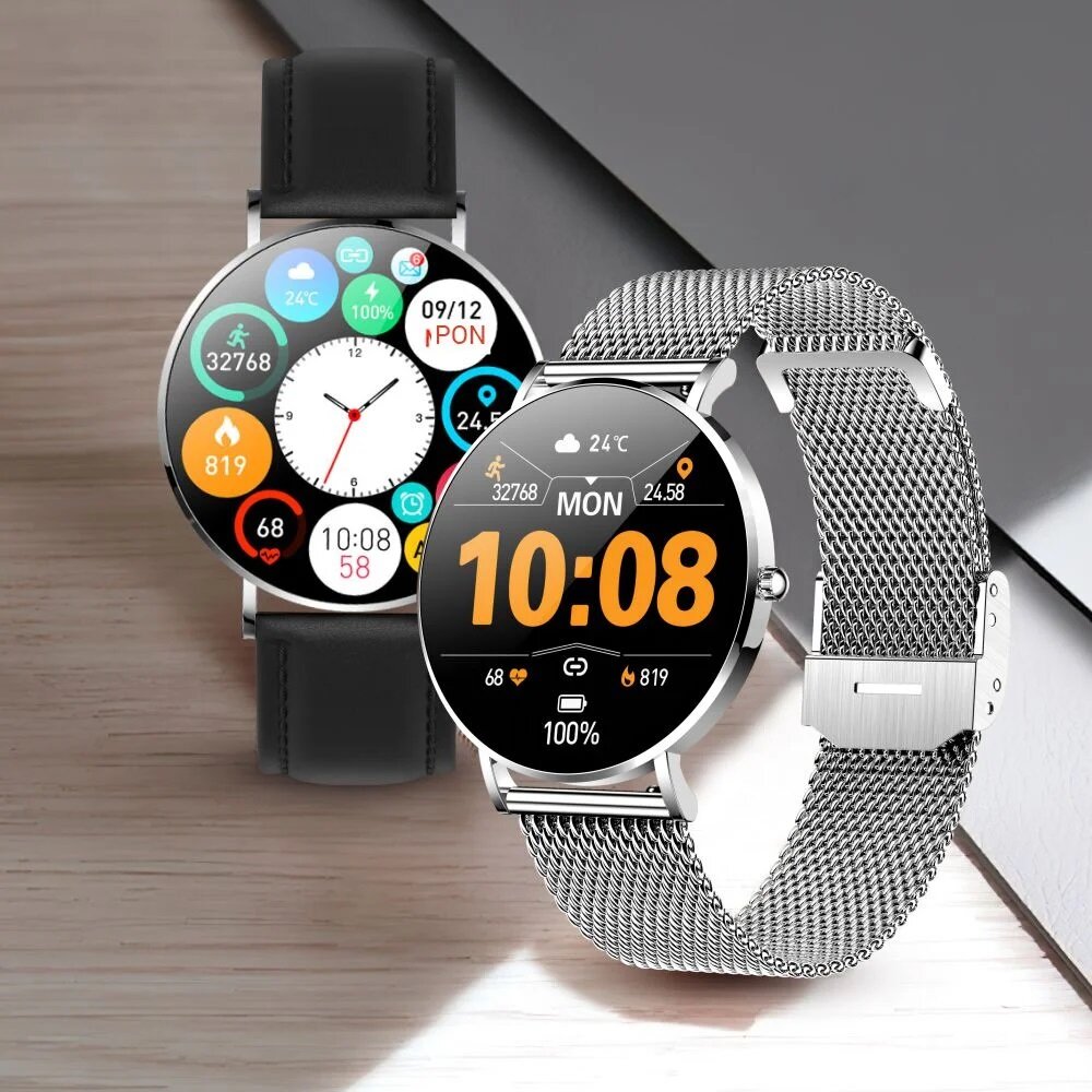 Smartwatch damski Manta Alexa srebrny widok na  dwa modele, od frontu i pod skosem
