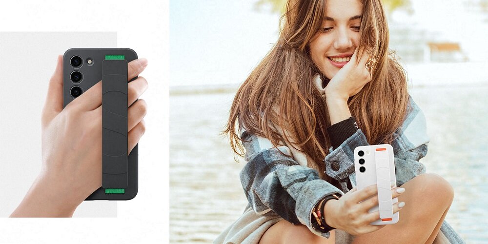 Etui Samsung Silicone Grip Case EF-GS911TBEGWW widok na smartfon trzymany w dłoni w czarnym etui oraz kobietę trzymającą w dłoni smartfon w białym etui