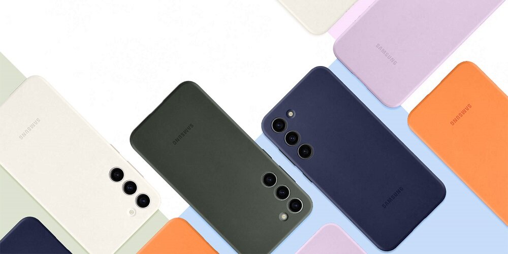 Etui Samsung Silicone Case EF-PS911TUEGWW widok na kilka smartfonów od tyłu z założonymi etui w różnych kolorach