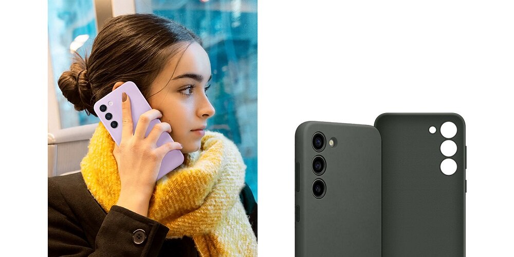 Etui Samsung Silicone Case EF-PS911TUEGWW widok na kobietę trzymającą smartfon w etui przy uchu oraz widok na etui pod skosem i od środka