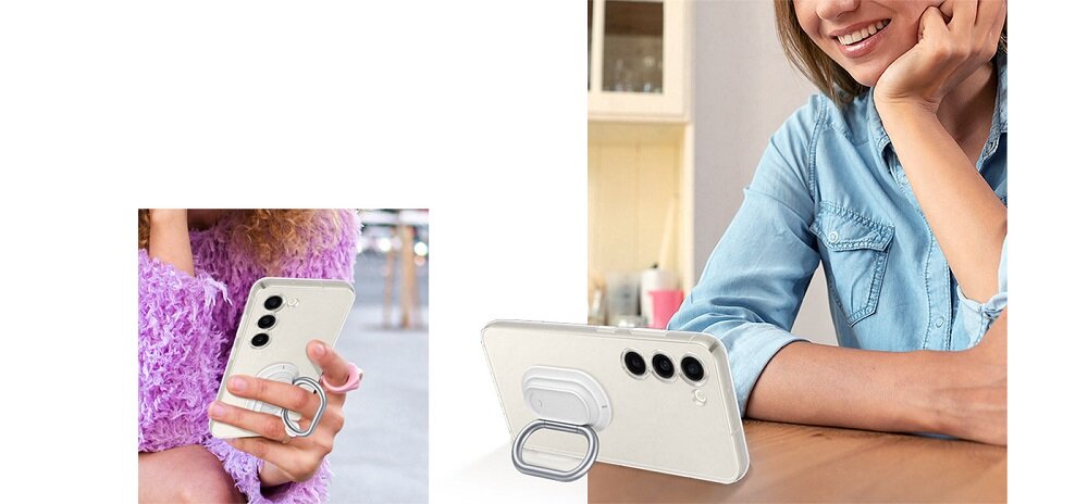 Etui Samsung Clear Gadget Case EF-XS911CTEGWW widok na telefon w etui trzymany w dłoni oraz oparty o podpórkę w pozycji poziomej