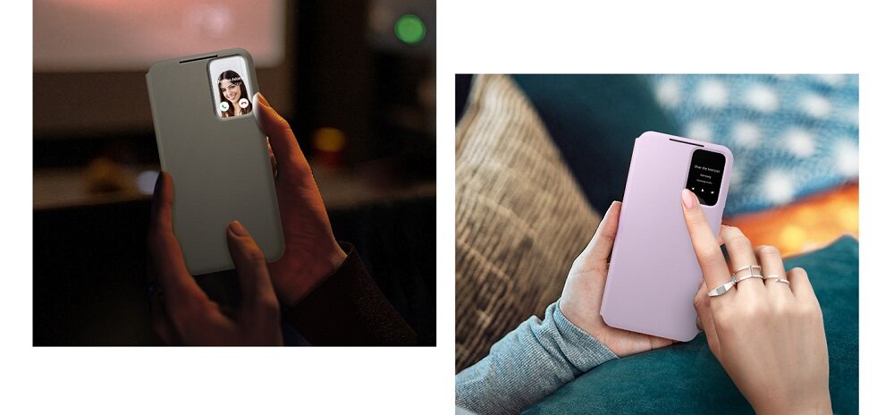 Etui Samsung Smart View Wallet Case EF-ZS911CVEGWW widok na dwa telefony w etui trzymane w dłoniach z widocznym okienkiem podglądu 
