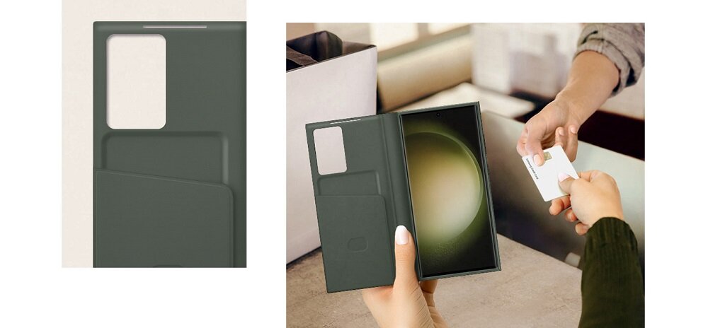 Etui Samsung Smart View Wallet Case EF-ZS911CVEGWW widok na kieszonkę w etui oraz na telefon w etui trzymany w dłoni w trakcie podawania karty
