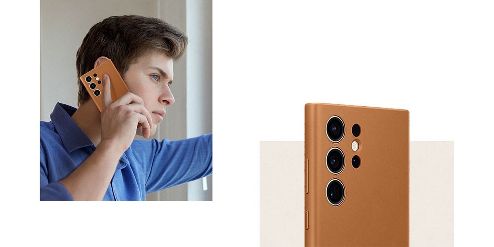 Etui Samsung Leather Case EF-VS911LAEGWW widok na mężczyznę trzymającego telefon w brązowym etui przy uchu oraz na górną część telefonu w etui pod skosem