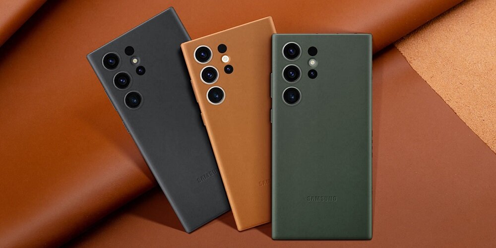 Etui Samsung Leather Case EF-VS911LAEGWW widok na smartfon w czarnym i brązowym etui pod skosem w lewo oraz smartfon w zielonym etui od tyłu