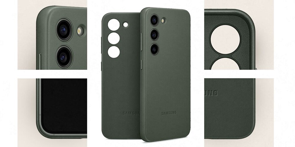 Etui Samsung Leather Case EF-VS911LAEGWW widok na smartfon w zielonym etui pod skosem oraz widok na samo etui od przodu i zbliżenia na elementy etui