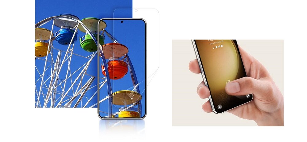 Folia ochronna Samsung EF-US911CTEGWW widok na smartfon i folię od frontu oraz telefon trzymany w dłoni pod skosem w lewo w trakcie odblokowywania palcem