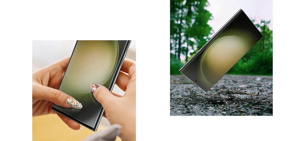 Folia ochronna Samsung EF-US911CTEGWW widok na smartfon trzymany w dłoni pod skosem w prawo oraz smartfon nad ziemią pod skosem w prawo