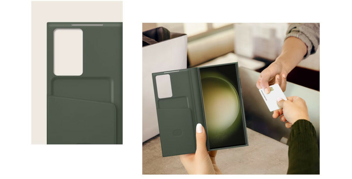 Etui Samsung Smart View Wallet Case grafika przedstawiająca miejsce na karte w etui oraz osobę wyciągającą karte z etui z telefonem w środku