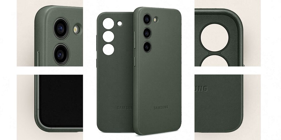 Etui do Galaxy S23 Ultra Samsung Leather Case - fragmenty urządzenia na białym tle