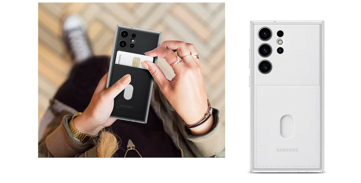 Etui Samsung Frame Case grafika przedstawiająca kobietę chowającą kartę do etui które jest założone na telefon oraz telefon w etui obok
