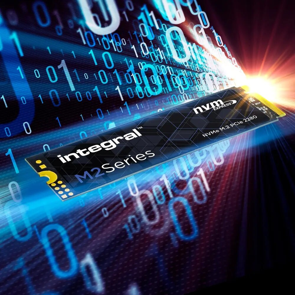 Dysk SSD Integral M2 Series M.2 2280 PCIe NVMe 500GB od frontu na grafice z efektami świetlnymi