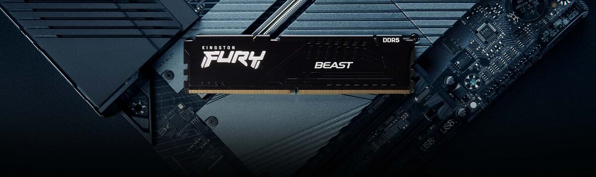 Pamięć Kingston Fury Beast Black EXPO 64GB (2x32GB) 5600MHz CL36  widok pamięci w poziomie na innych podzespołach komputerowych