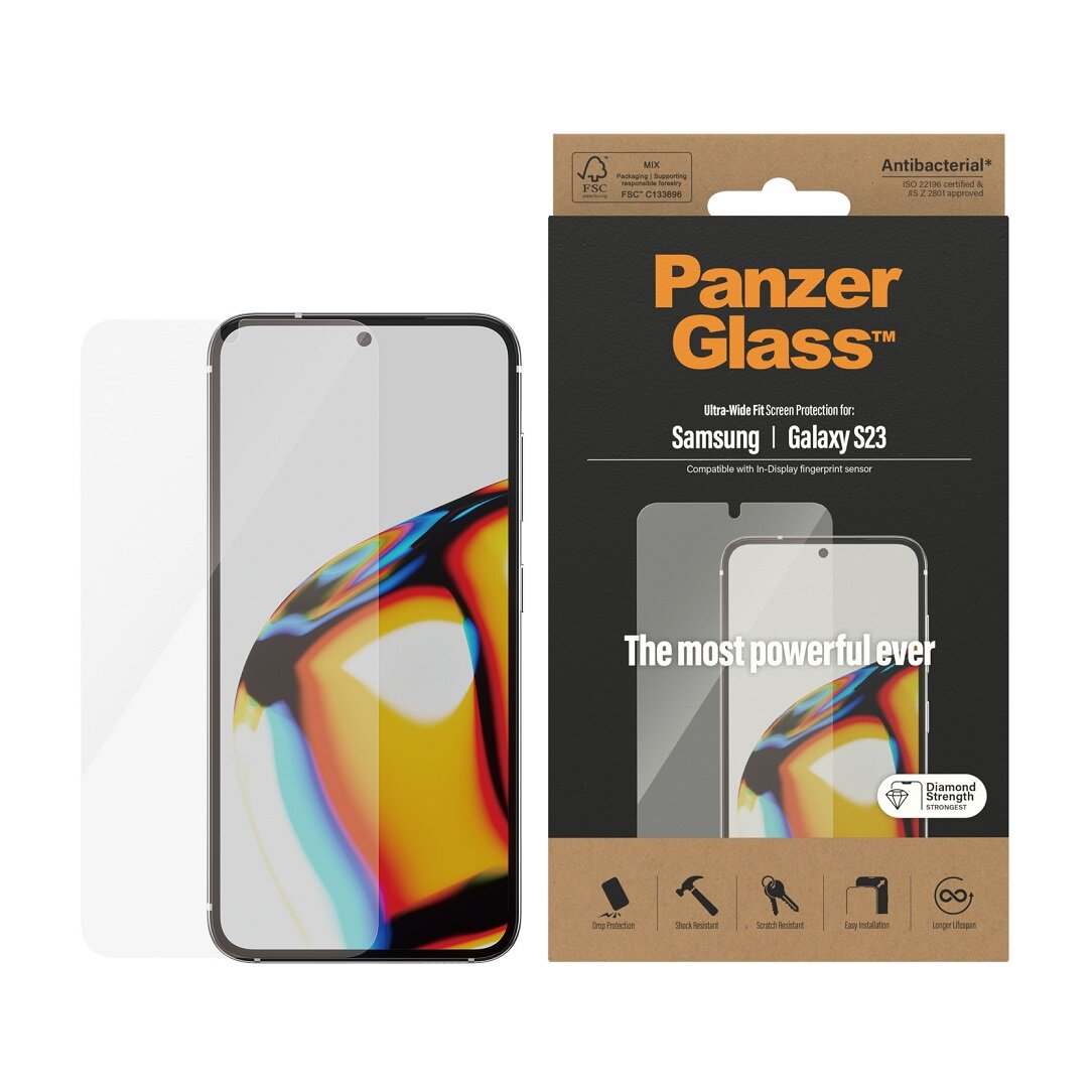 Szkło hartowane do Samsunga Galaxy S23 PanzerGlass Ultra-Wide Fit obok opakowania