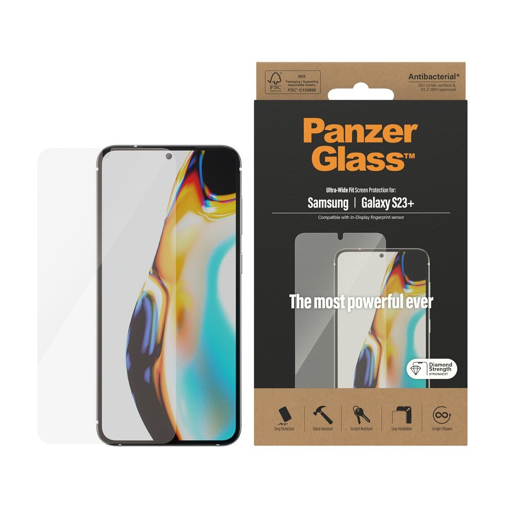 Szkło hartowane do Samsunga Galaxy S23+ PanzerGlass Ultra-Wide Fit obok opakowania