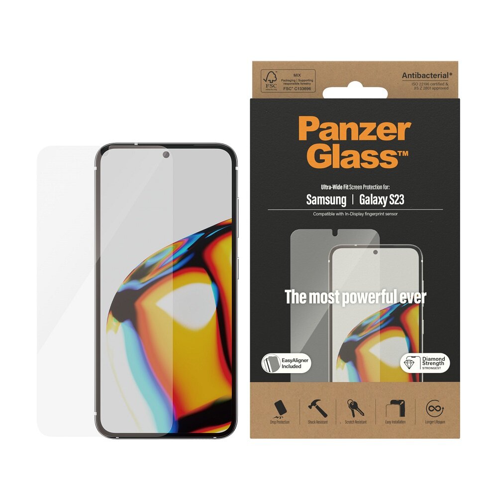 Szkło hartowane z aplikatorem do Samsung Galaxy S23 PanzerGlass™ Ultra-Wide Fit obok opakowania