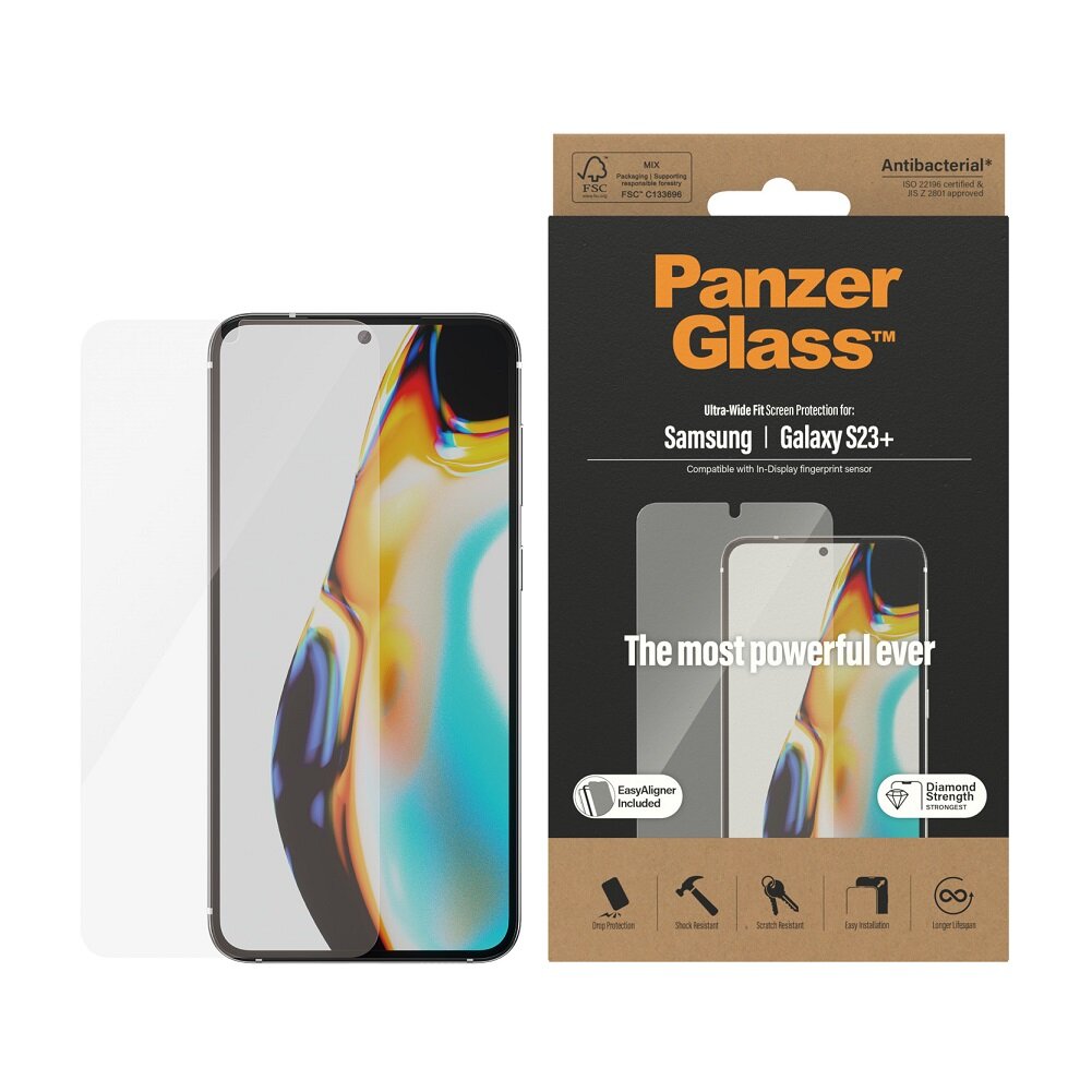 Szkło hartowane z aplikatorem do Samsung Galaxy S23+ PanzerGlass™ Ultra-Wide Fit obok opakowania
