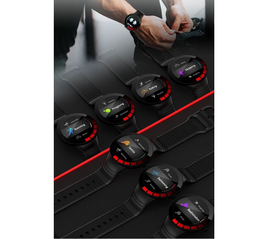 Smartwatch Kumi GT2 KU-GT2/BK widok na smartwatcha na nadgarstku mężczyzny oraz siedem smartwatchy pod skosem