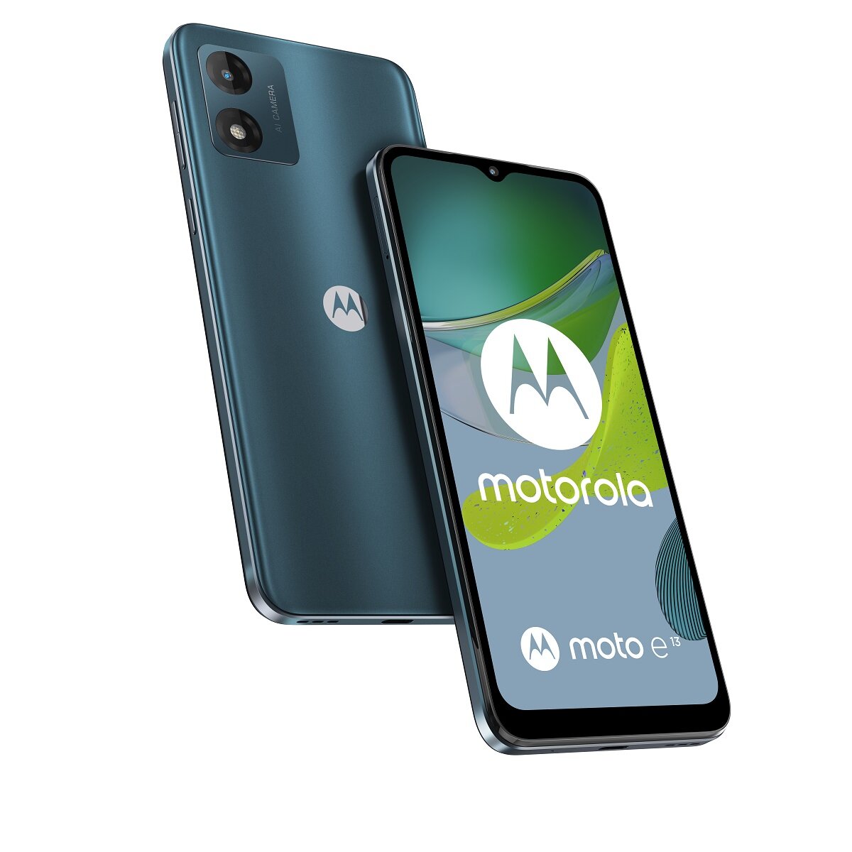 Smartfon Motorola moto e13 widok pod skosem na przód i tył