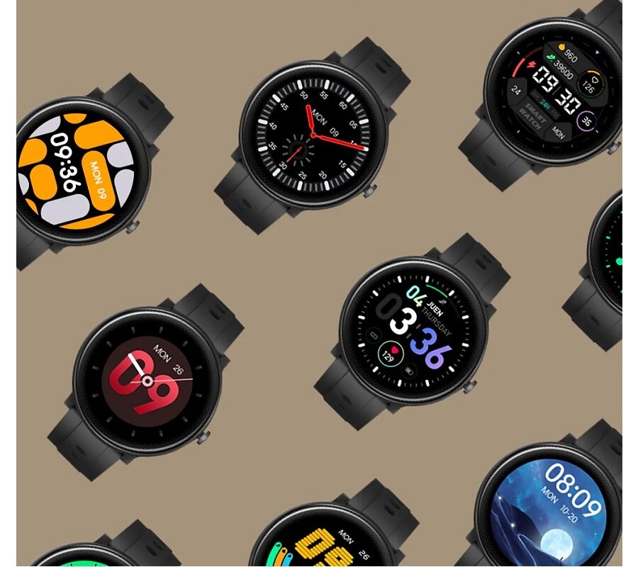 Smartwatch Kumi GW4A KU-GW4A/BK widok na kilka zegarków z różnymi tarczami pod skosem w prawo