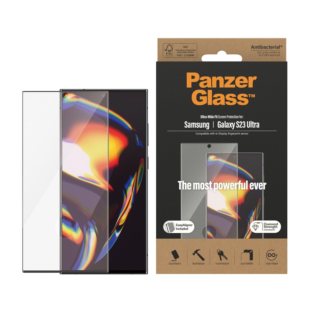 Szkło hartowane PanzerGlass Ultra-Wide Fit do Samsung Galaxy S23 Ultra od frontu obok opakowania