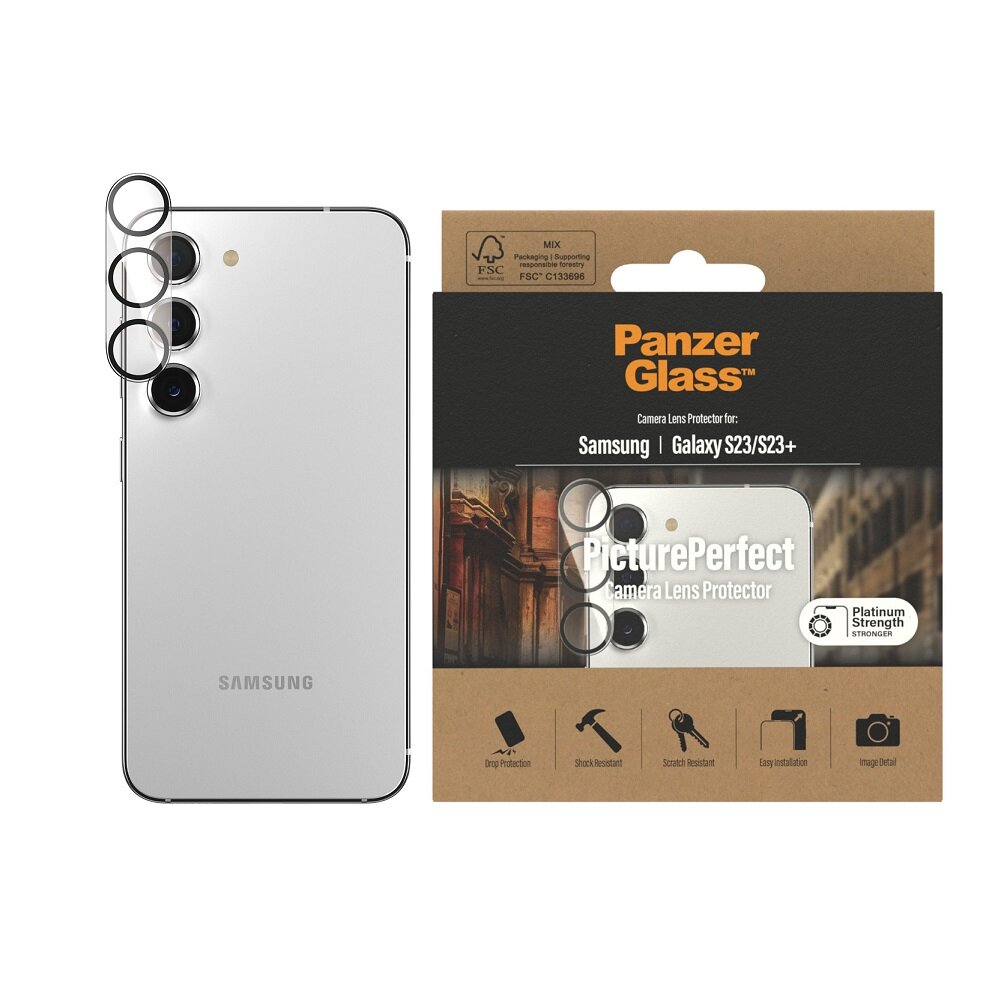 Szkło hartowane na aparat do Samsunga Galaxy S23/S23+ PanzerGlass Picture Perfect na białym tle