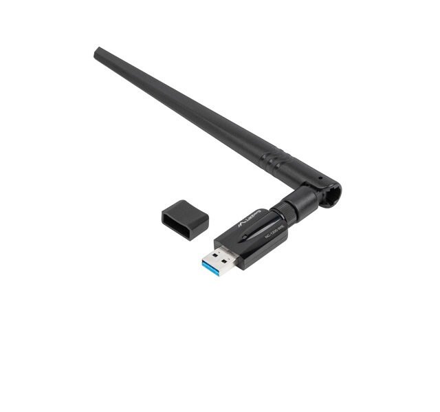 Karta sieciowa Lanberg NC-1200-WIE USB 3.0 pod skosem ze zdjętą zatyczką USB