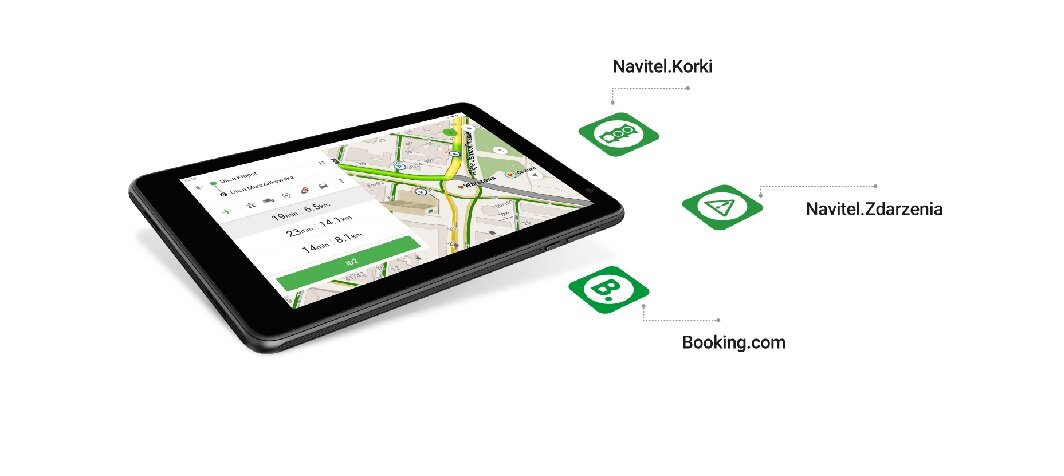 Tablet nawigacyjny Navitel T787 4G widok na wybór trasy na włączonym ekranie obok ikony różnych aplikacji Navitel