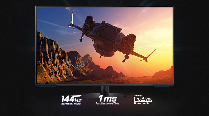 Monitor Samsung Odyssey Neo G70NC LS43CG700NUXEN od frontu ukazujący latający śmigłowiec który oznacza szybki czas reakcji