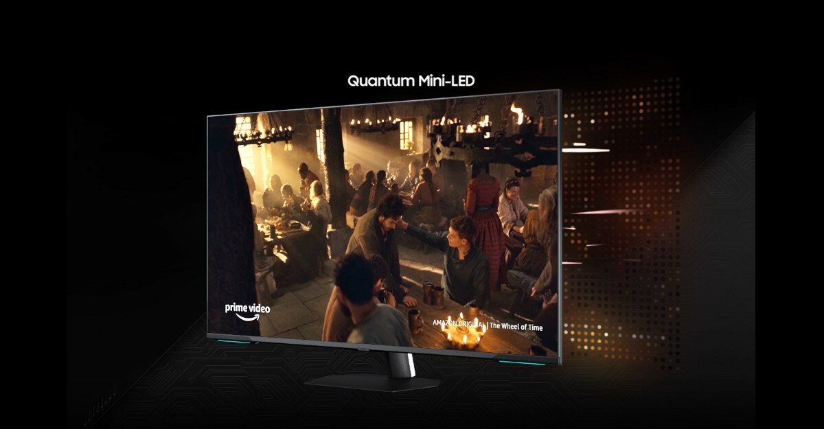 Monitor Samsung Odyssey Neo G70NC LS43CG700NUXEN pod skosem ukazujący obraz z prime video