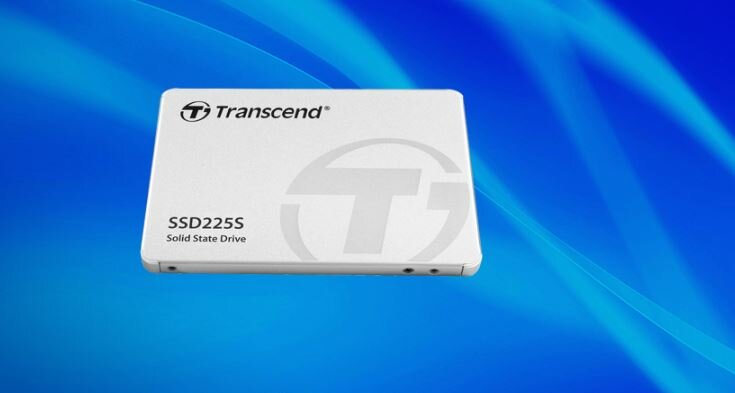 Dysk SSD Transcend SSD225S 250 GB SATA III dysk na niebieskim tle