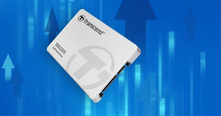 Dysk SSD Transcend SSD225S 2.5” 1TB dysk na niebieskim tle 
