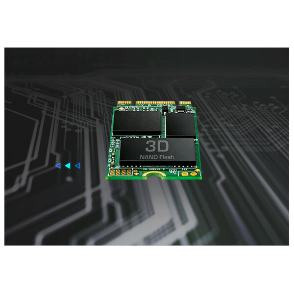 Dysk Transcend 430S M.2 SSD zdjęcie dysku na tle grafiki przedstawiającej płytkę drukowaną