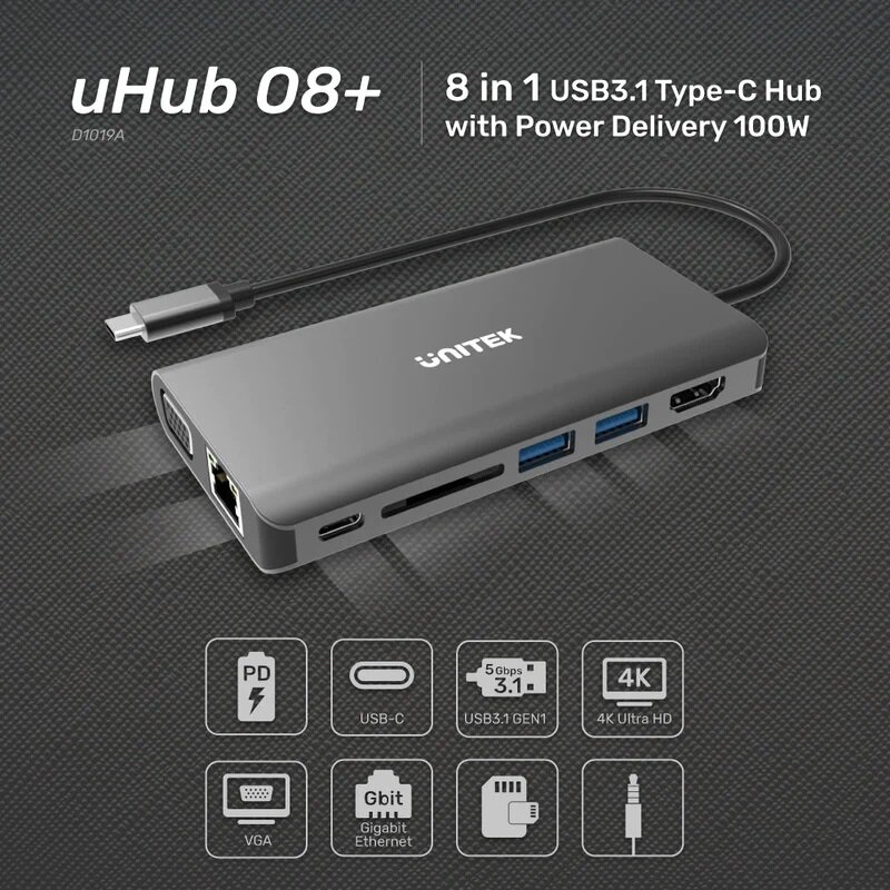 Hub USB Unitek D1019B USB-C pod skosem z ikonami