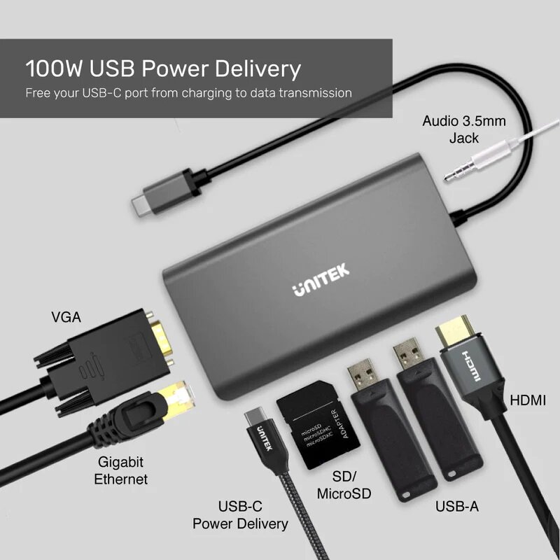 Hub USB Unitek D1019B USB-C od góry z opisanymi kablami