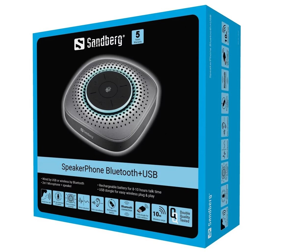 Urządzenie głośnomówiące Sandberg SpeakerPhone Bluetooth+USB czarne w opakowaniu po skosie na białym tle