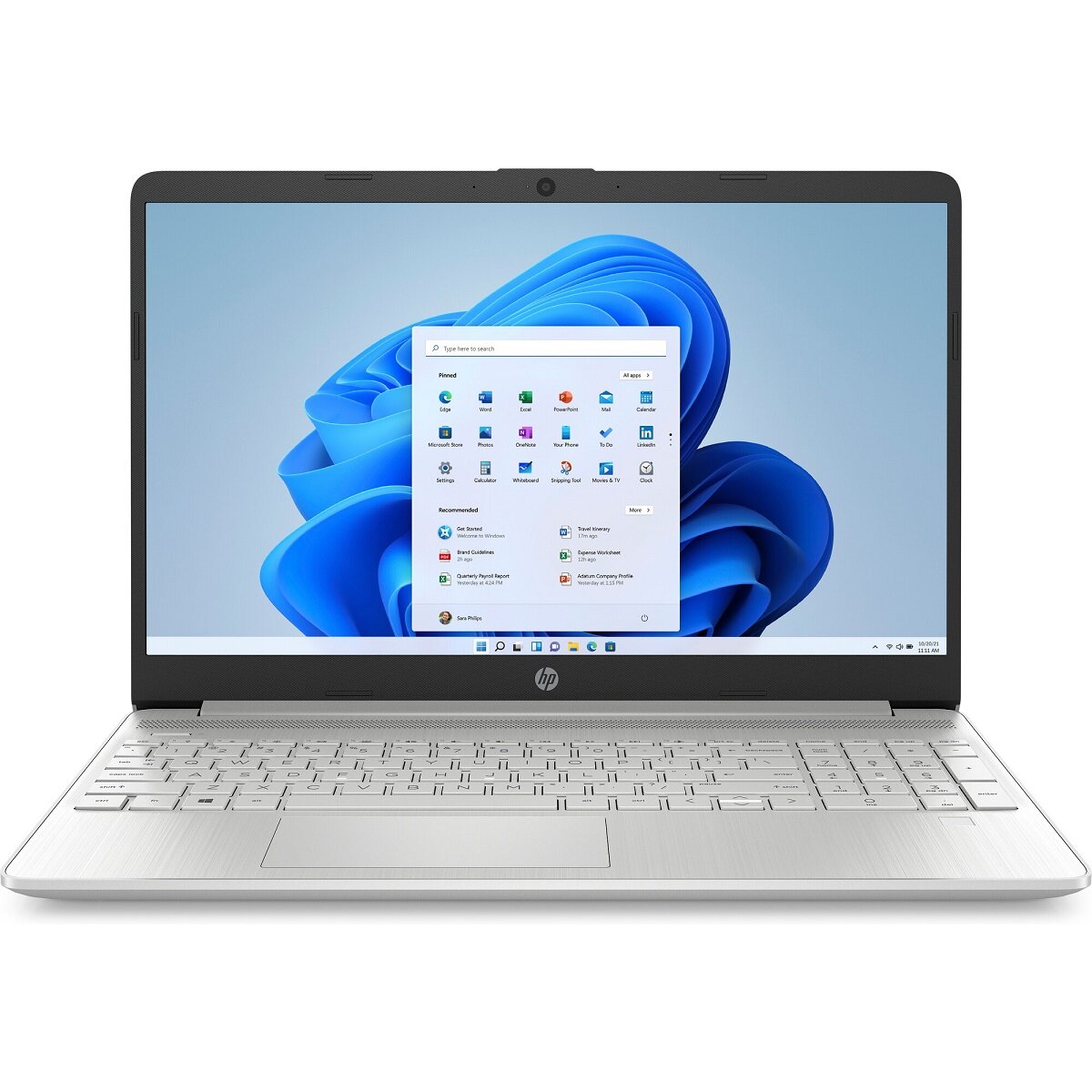 Laptop HP 15S-EQ2124NW 8GB/512GB Srebrny widok od frontu, na ekranie system Windows 11