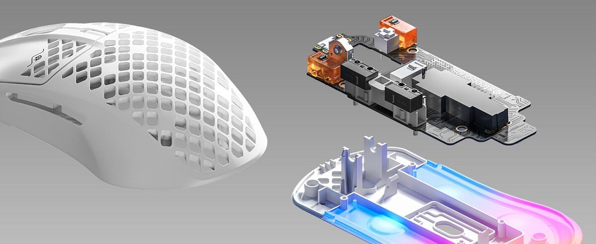 Mysz SteelSeries Aerox 3 (2022) biała rozebrana na części na grafice